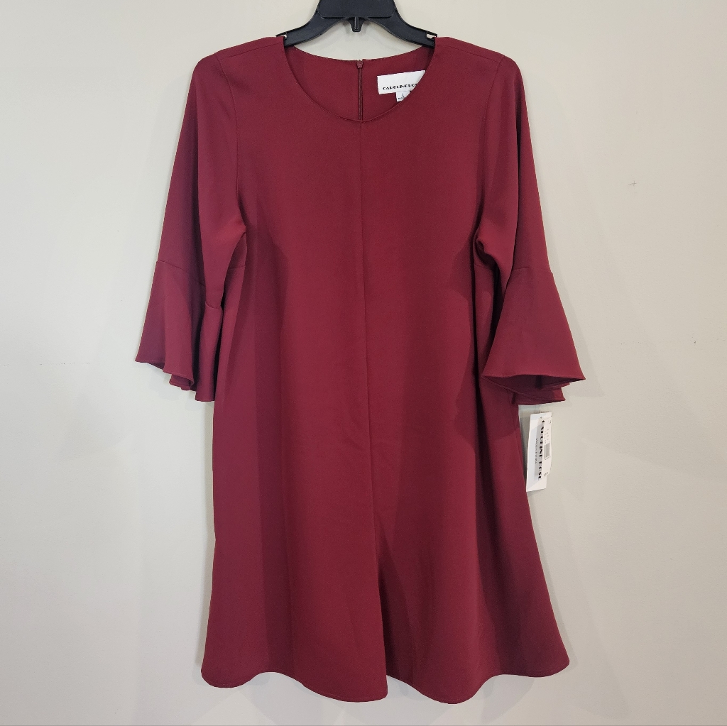 Caroline Rose 3/4 Flutter Sleeve Midi A-Line Dress: Color- Wine: Size- X-Large